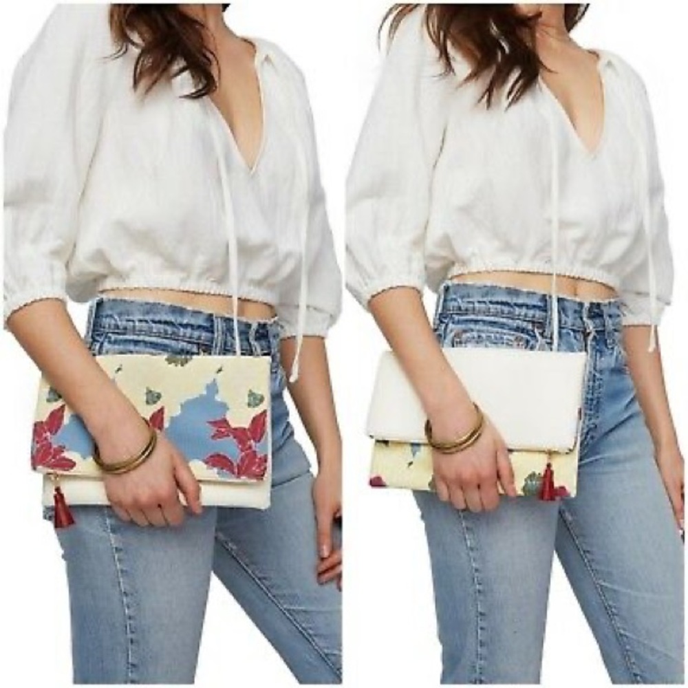 NWOT Rachel Pally Bloom Floral Vegan Leather Reversible Fold Over Zipper Clutch